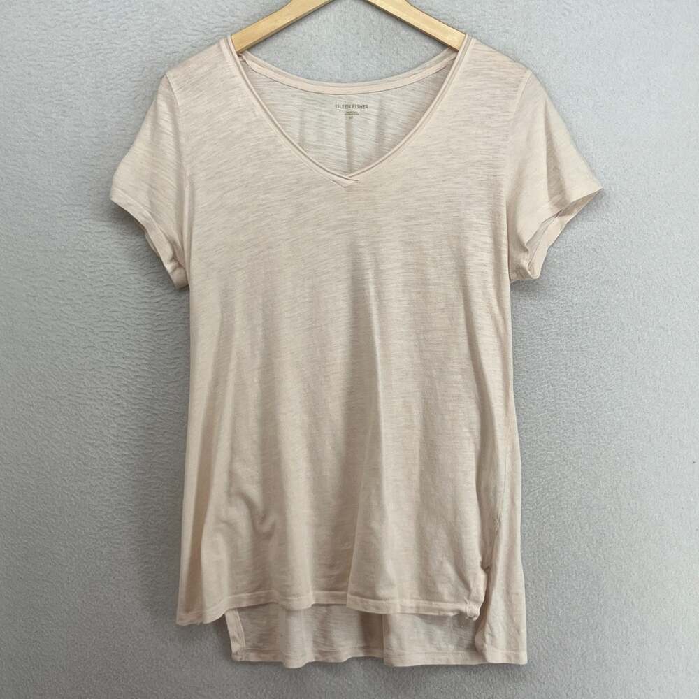 EILEEN FISHER Top S Slub Organic Cotton Jersey Tunic V-Neck Short Sleeve Pink